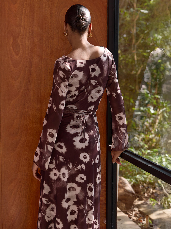 Valantomode | Elegant Floral Mesh Cowl Neck Maxi Dress for Every Occasion