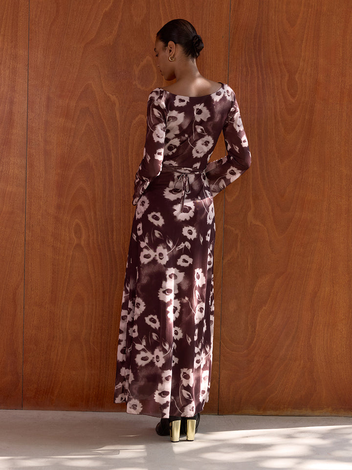 Valantomode | Elegant Floral Mesh Cowl Neck Maxi Dress for Every Occasion
