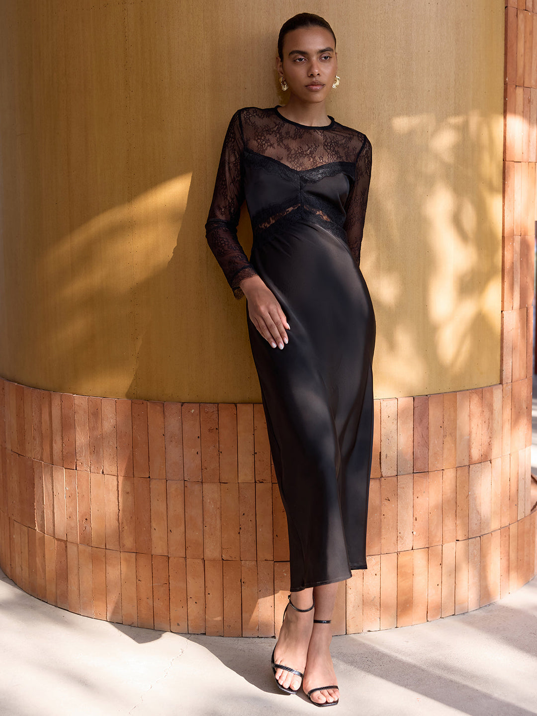 Valantomode | Elegant Sheer Lace Satin Midi Dress for Stunning Style