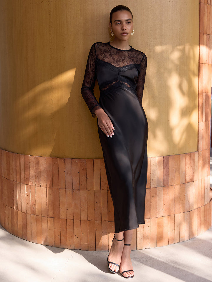 Valantomode | Elegant Sheer Lace Satin Midi Dress for Stunning Style