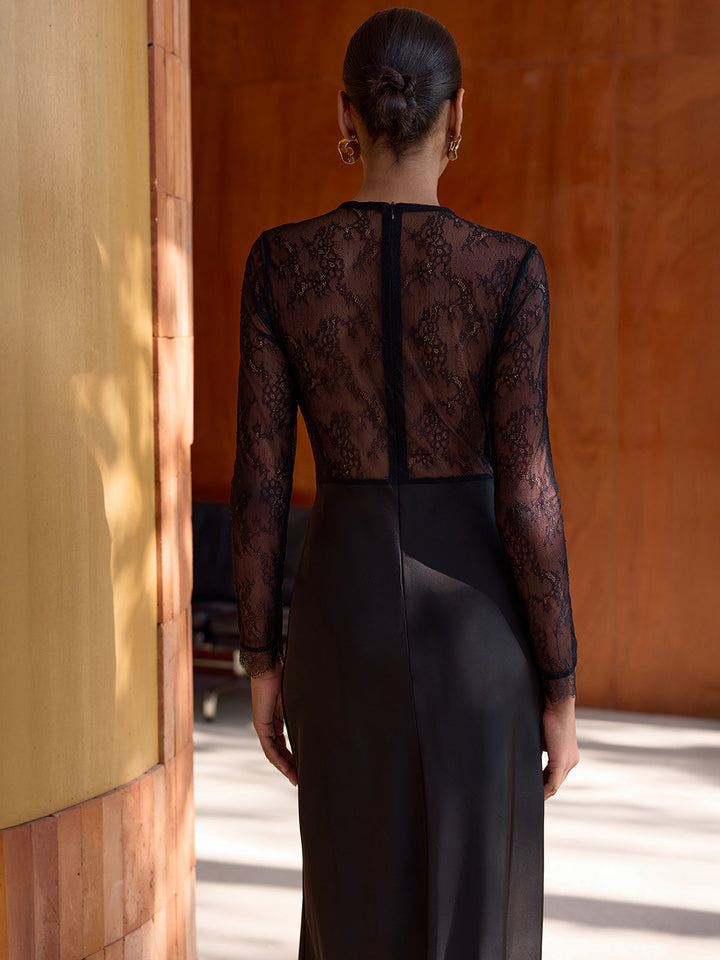 Valantomode | Elegant Sheer Lace Satin Midi Dress for Stunning Style