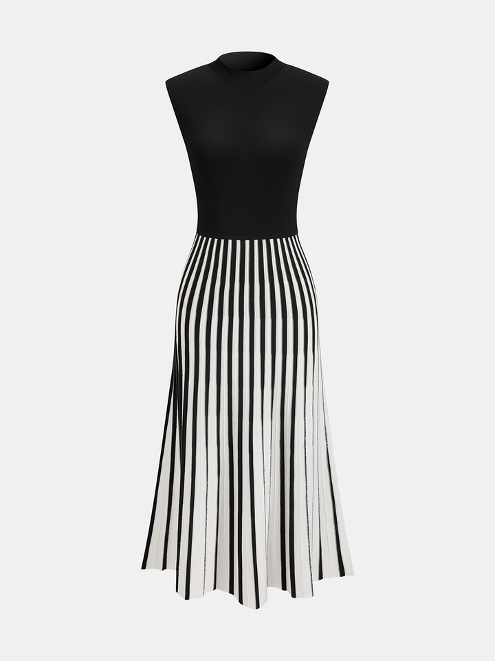 Valantomode | Chic Sleeveless Striped Midi Dress with Mock Neck