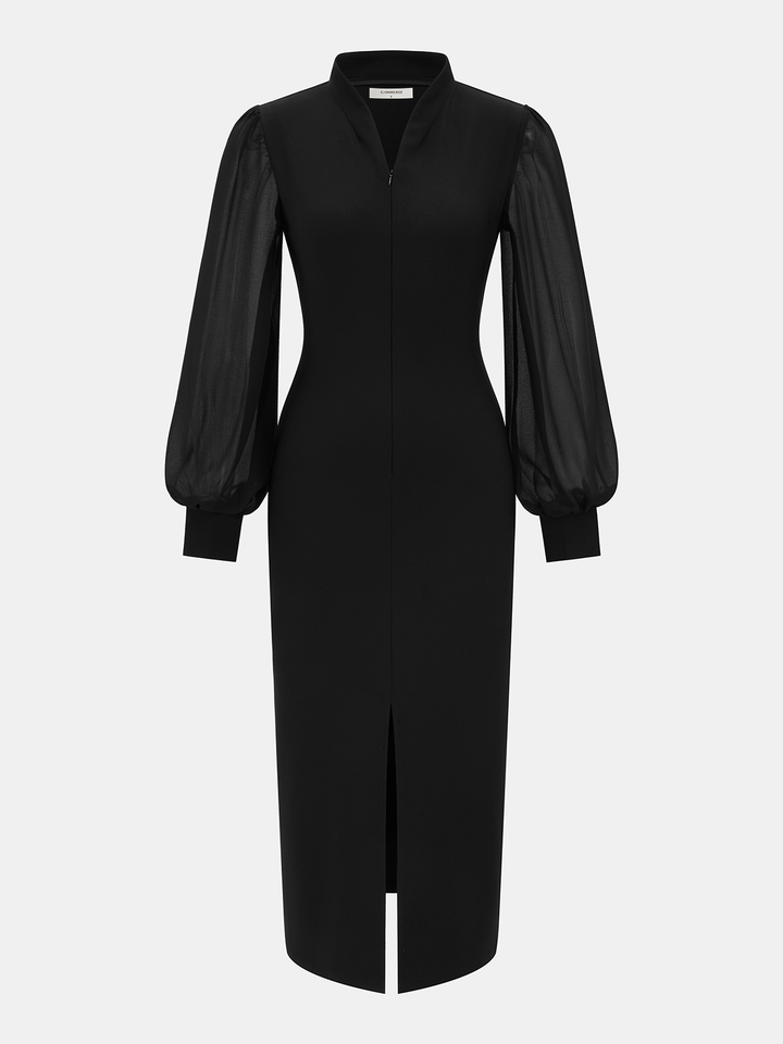 Valantomode | Elegant Sheer Sleeve Maxi Dress with Stand Collar & Split