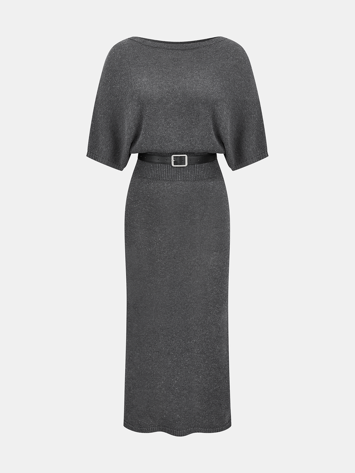 Valantomode | Chic Batwing Sleeve Belted Knit Midi Dress for Effortless Style