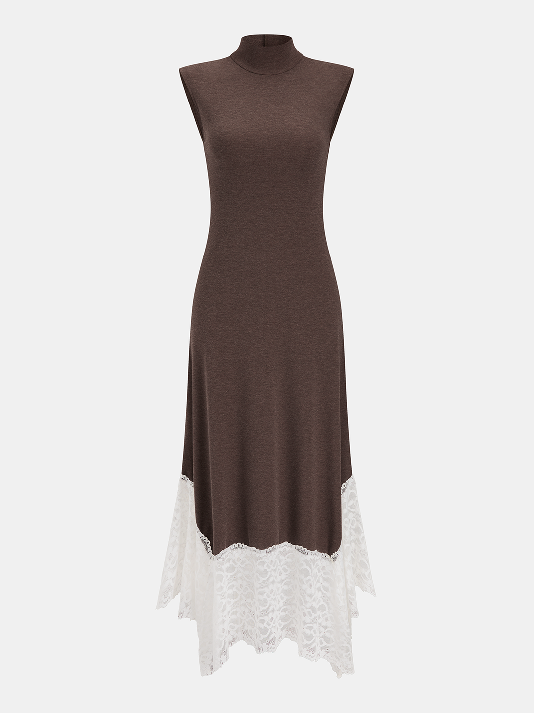 Valantomode | Elegant Lace Hem Turtleneck Sleeveless Maxi Dress