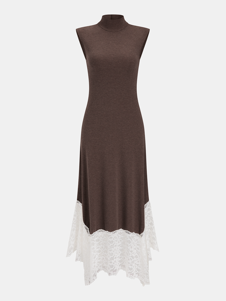 Valantomode | Elegant Lace Hem Turtleneck Sleeveless Maxi Dress