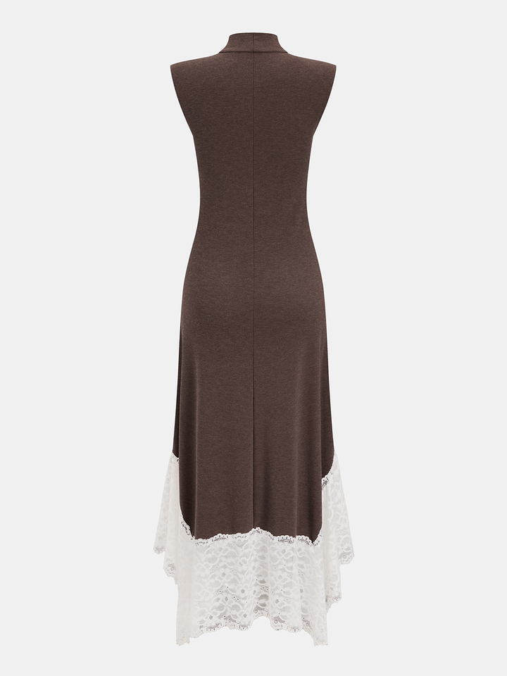 Valantomode | Elegant Lace Hem Turtleneck Sleeveless Maxi Dress