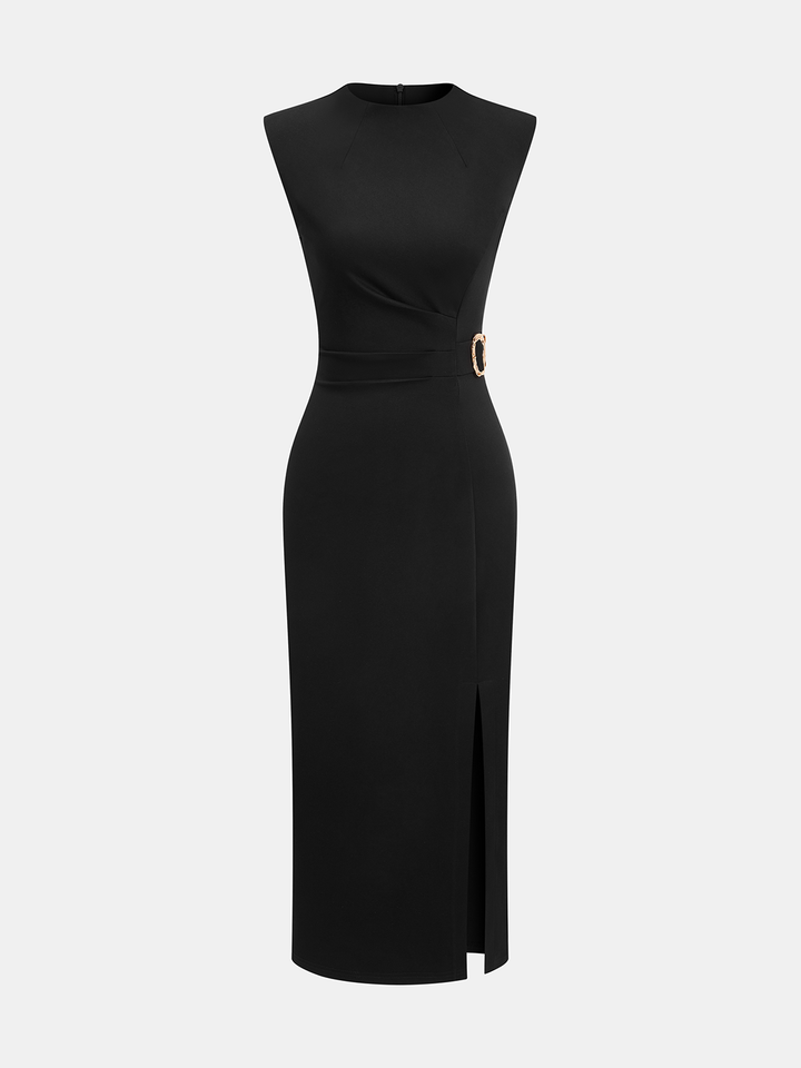 Valantomode | Chic Metal Accent Slit Midi Dress for Effortless Style