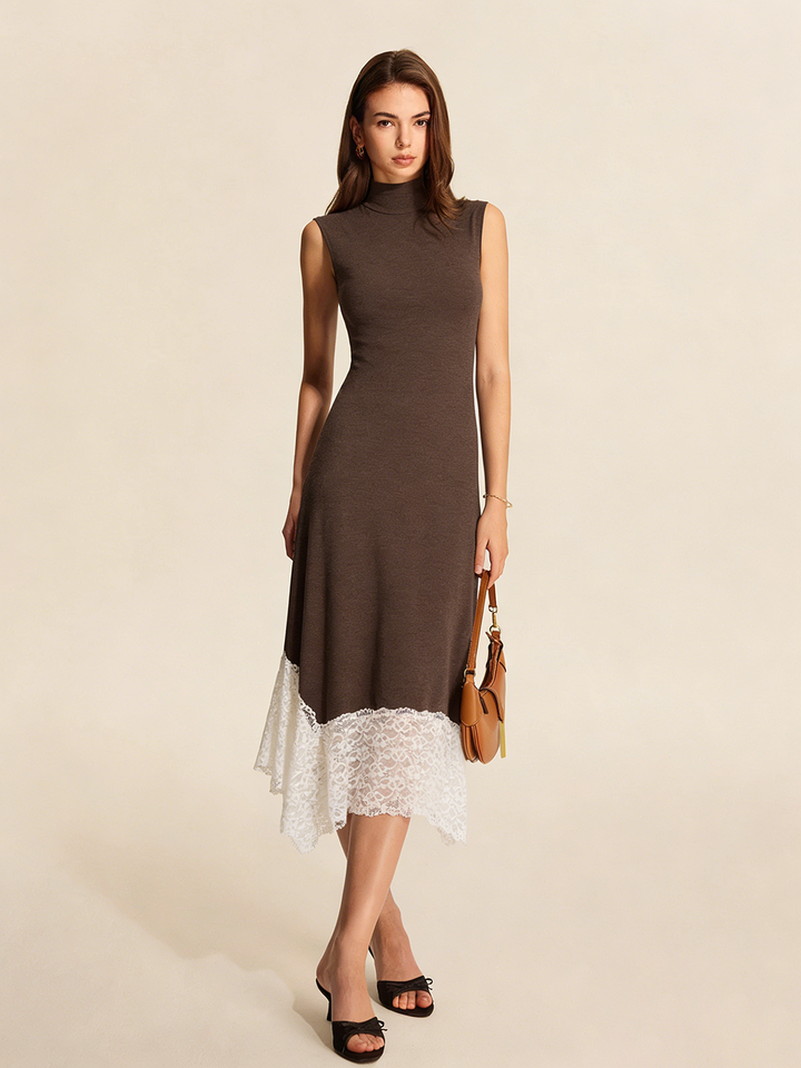 Valantomode | Elegant Lace Hem Turtleneck Sleeveless Maxi Dress