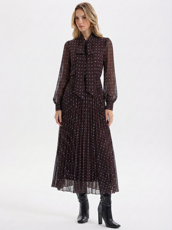 Valantomode | Chic Polka Dot Chiffon Maxi Dress with Tie-Neck Detail