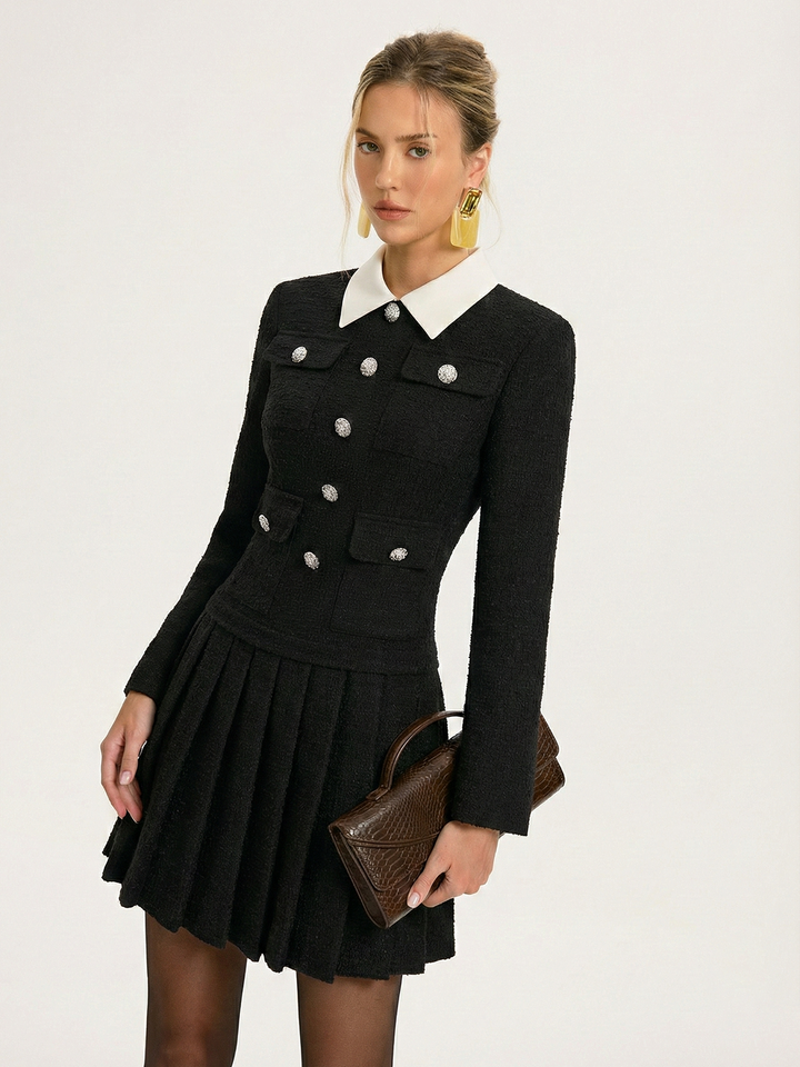 Valantomode | Chic Pleated Mini Dress with Contrast Collar