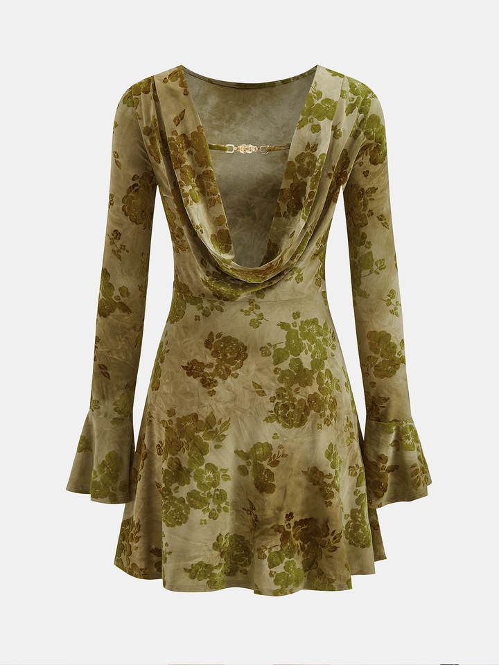 Valantomode | Floral Print Backless Long-Sleeve Dress with Bell Cuffs