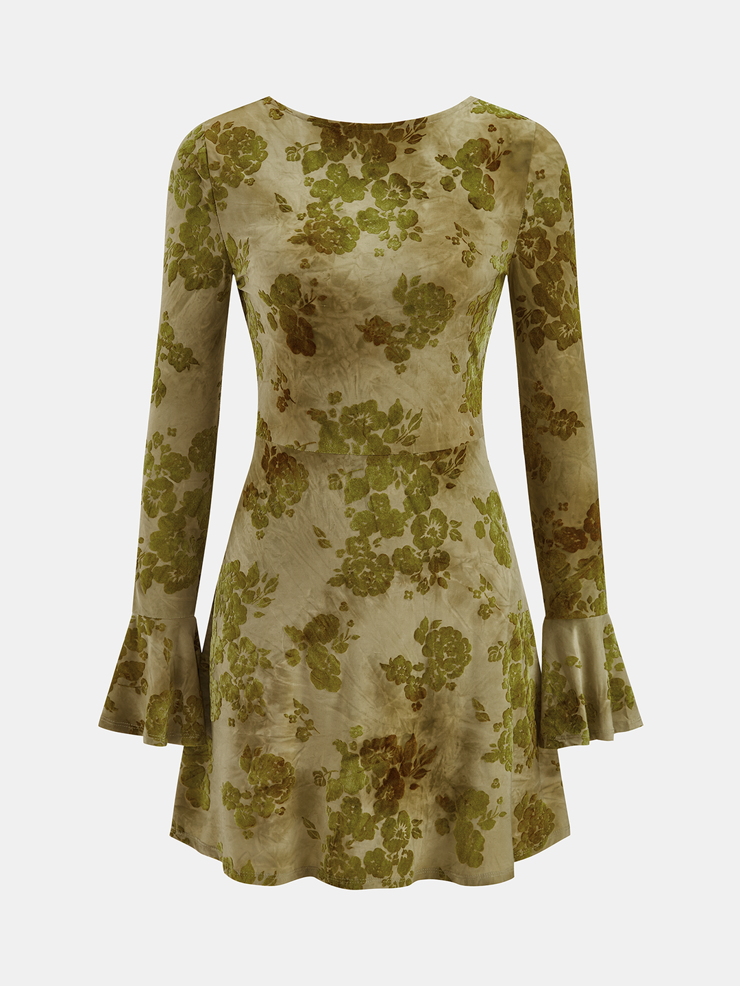 Valantomode | Floral Print Backless Long-Sleeve Dress with Bell Cuffs