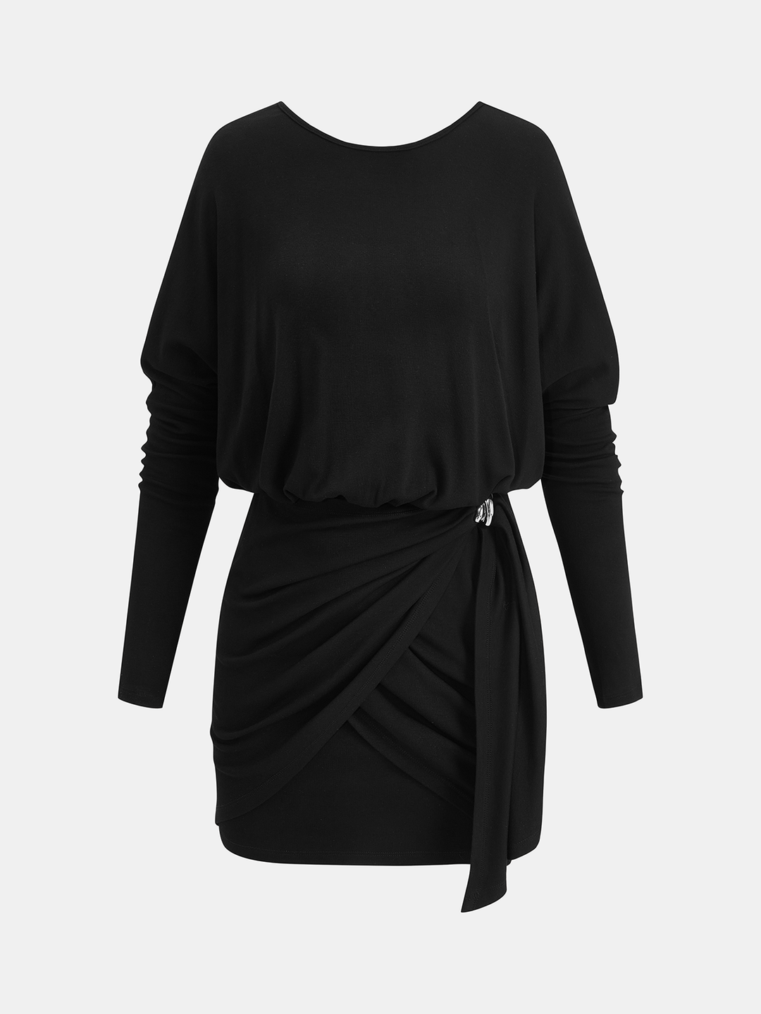 Valantomode | Chic Ruched Mini Dress with Metal Buckle & Batwing Sleeves
