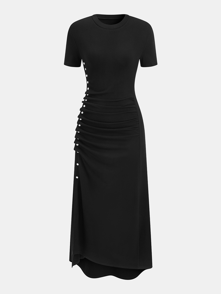 Valantomode | Chic Ruched Side Button Dress with Short Sleeves