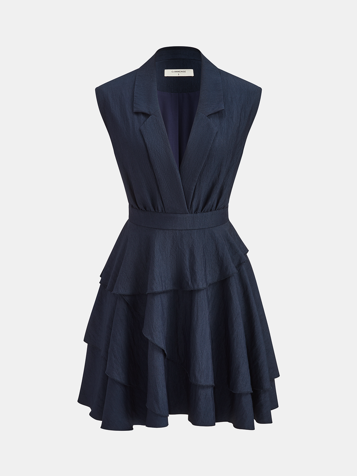 Valantomode | Chic Tiered Ruffle Sleeveless Blazer Dress for Effortless Style