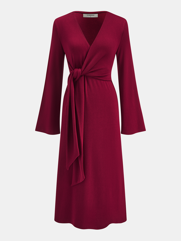 Valantomode | Chic Knot-Waist Bell Sleeve Midi Dress for Effortless Style