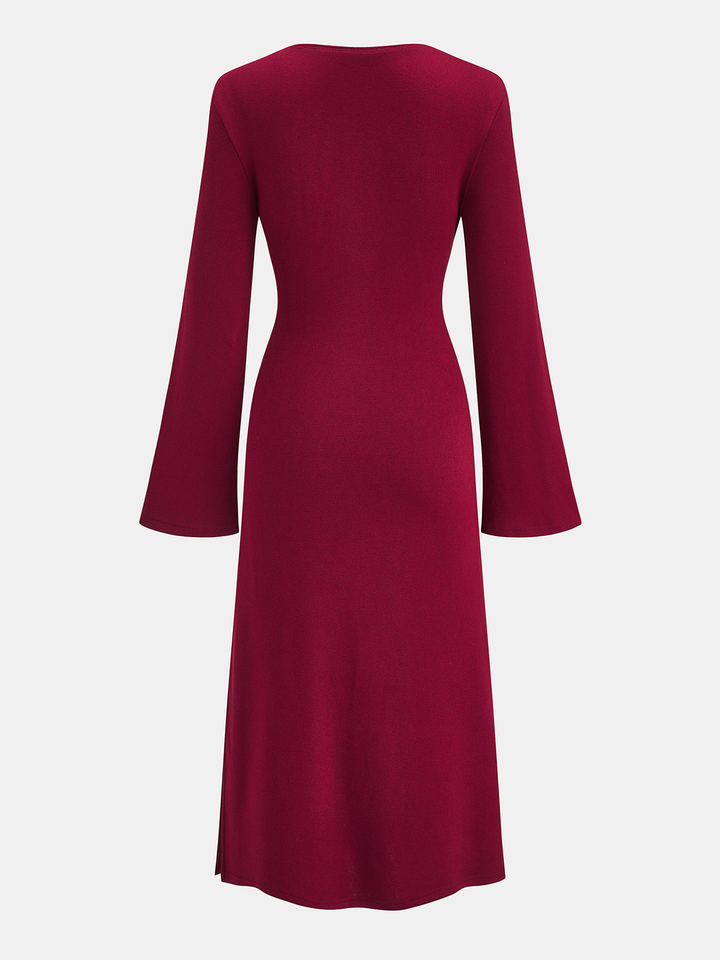 Valantomode | Chic Knot-Waist Bell Sleeve Midi Dress for Effortless Style