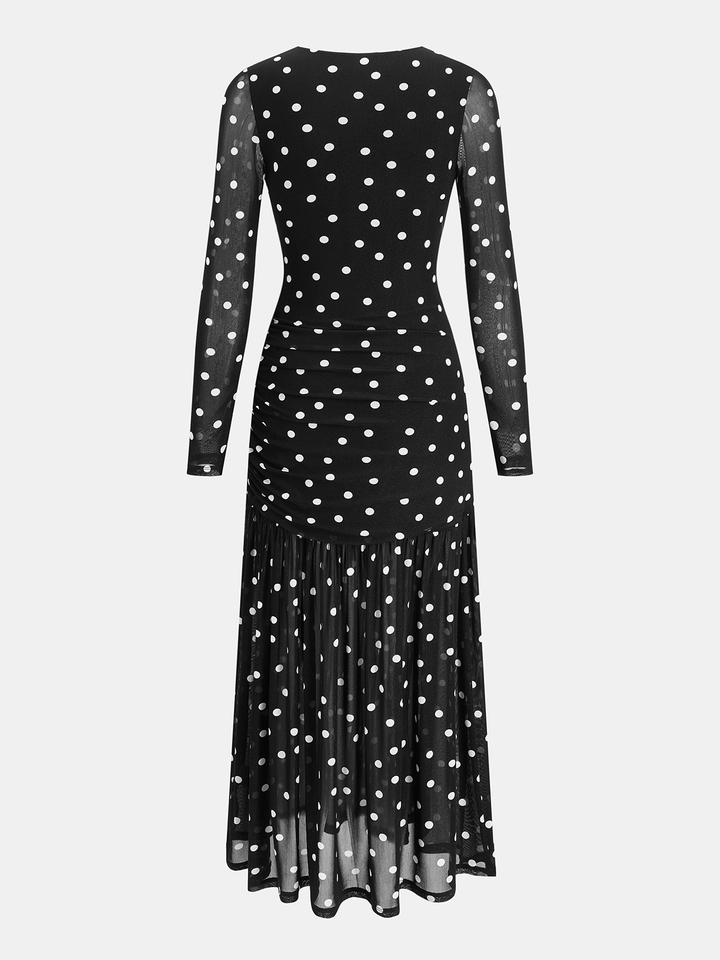 Valantomode | Chic Polka Dot Ruched Maxi Dress in Sheer Mesh