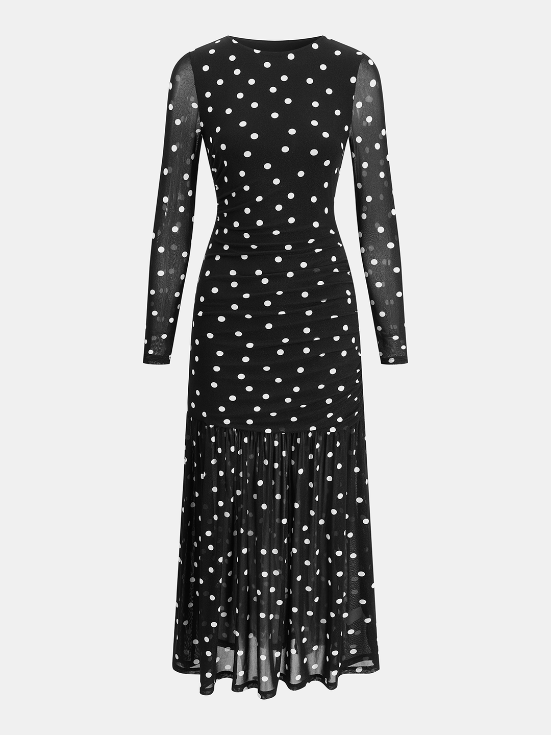 Valantomode | Chic Polka Dot Ruched Maxi Dress in Sheer Mesh