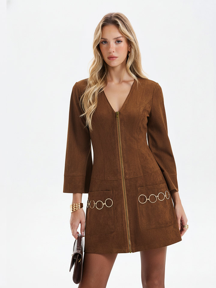 Valantomode | Chic Zip-Front Mini Dress with Ring Detail in Suede Effect