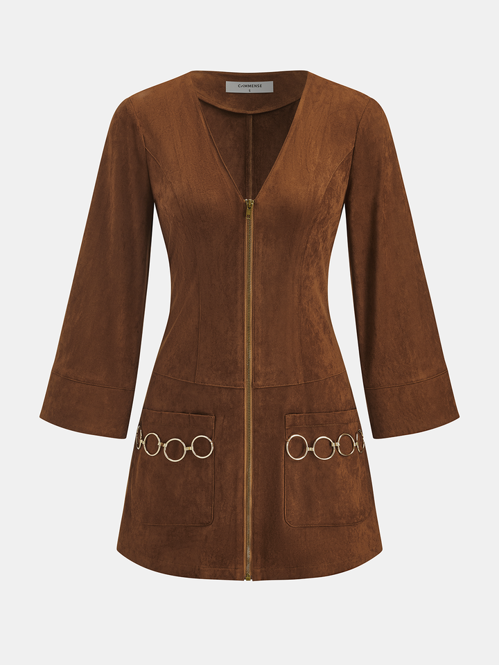 Valantomode | Chic Zip-Front Mini Dress with Ring Detail in Suede Effect