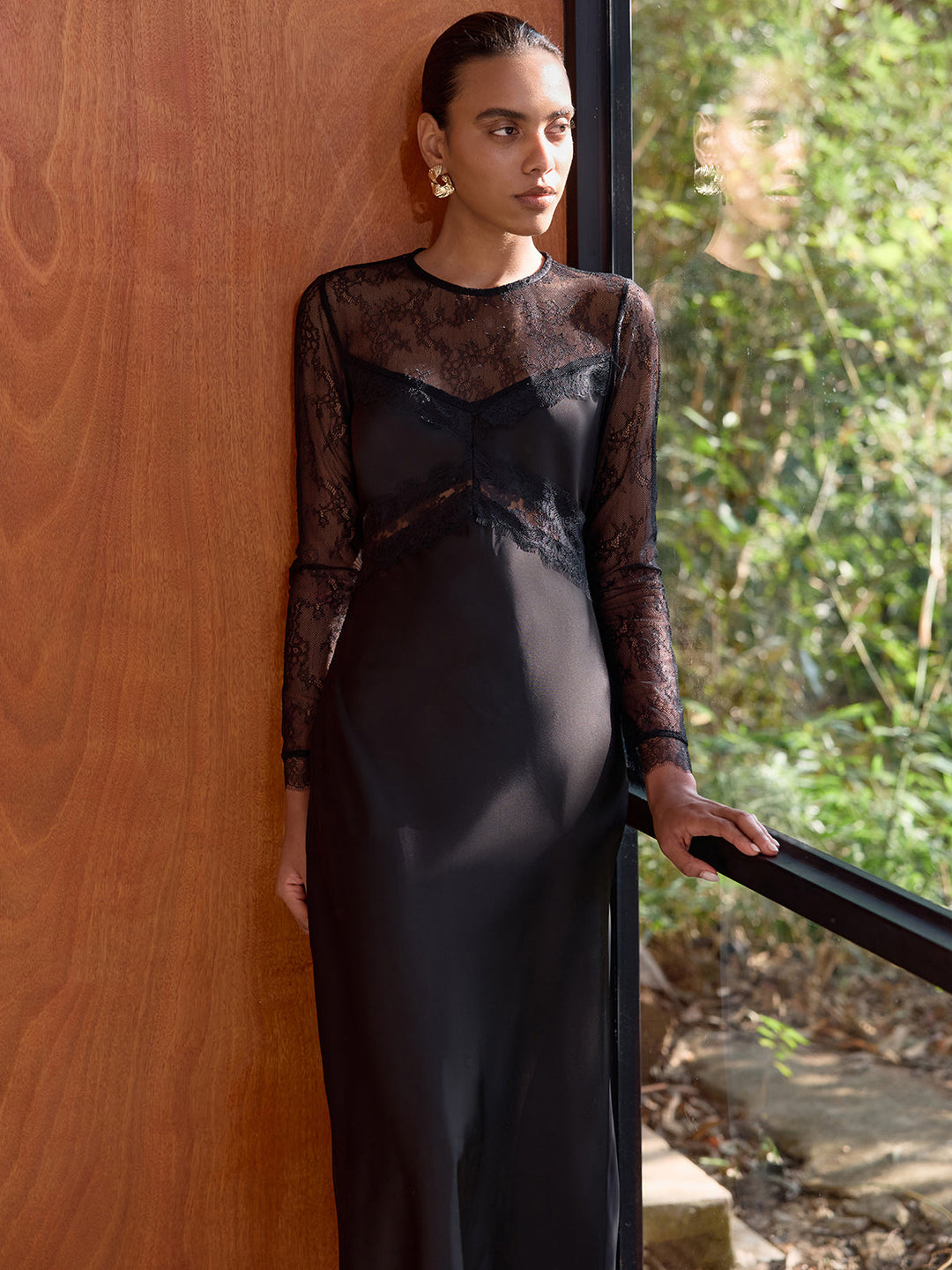 Valantomode | Elegant Sheer Lace Satin Midi Dress for Stunning Style