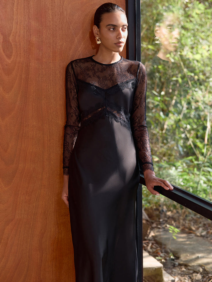 Valantomode | Elegant Sheer Lace Satin Midi Dress for Stunning Style