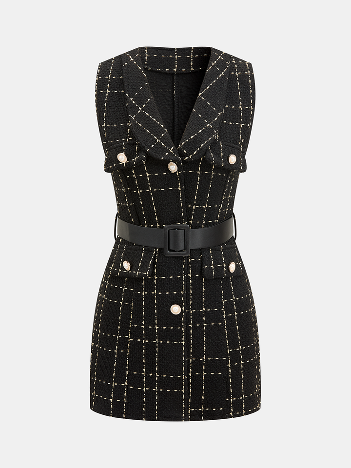 Valantomode | Chic Belted Plaid Tweed Mini Dress for Effortless Style