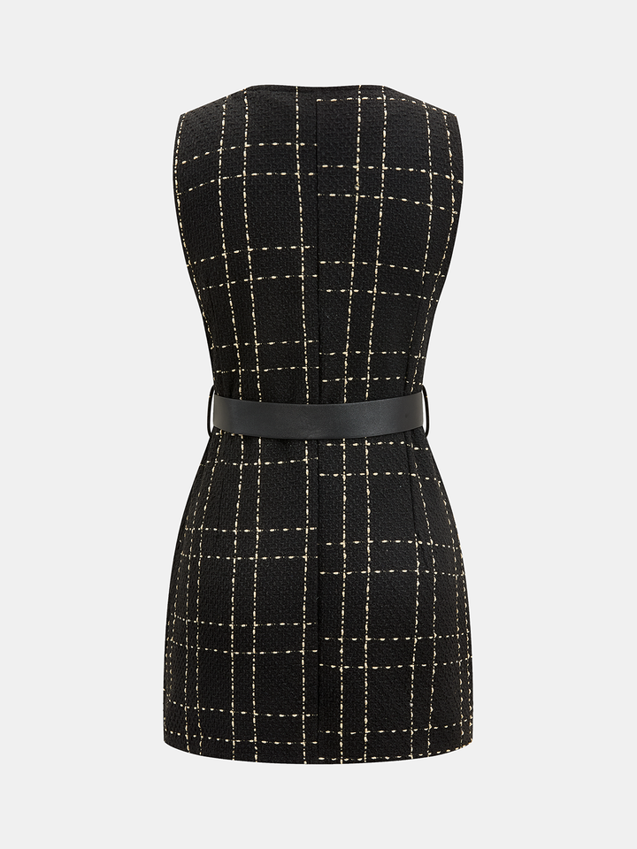 Valantomode | Chic Belted Plaid Tweed Mini Dress for Effortless Style