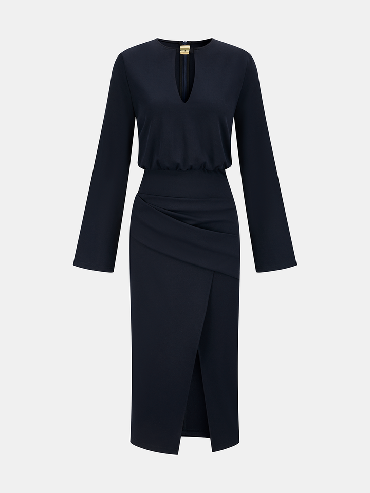 Valantomode | Chic Keyhole Neck Midi Dress with Metal Accents