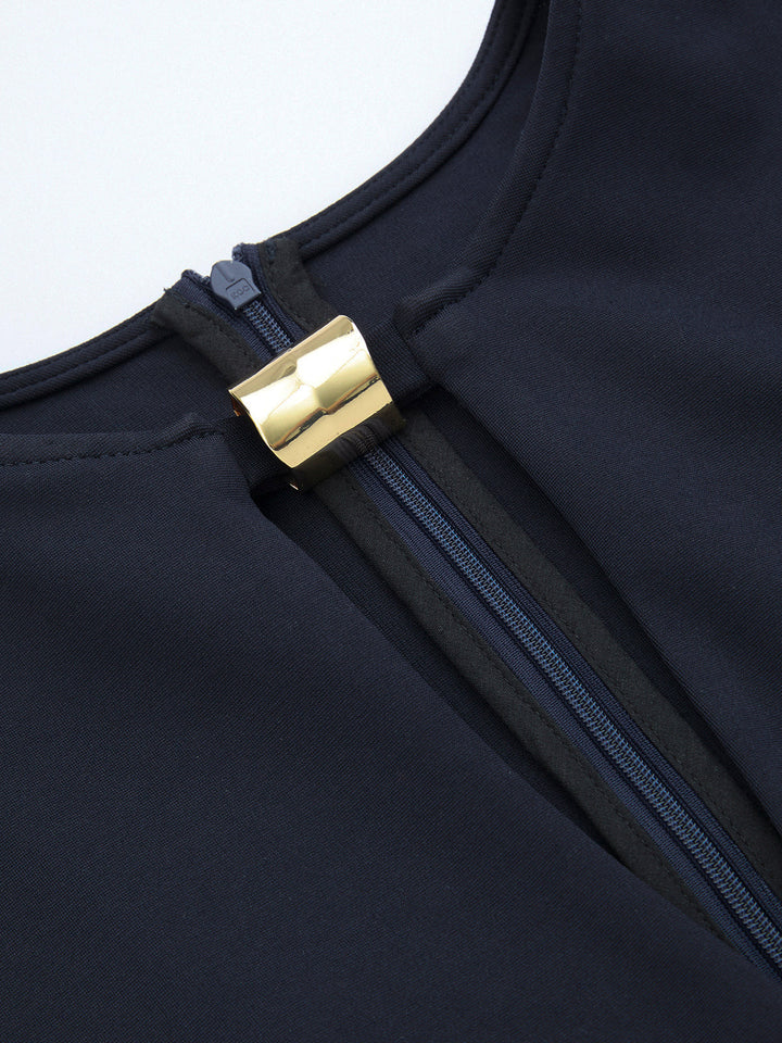 Valantomode | Chic Keyhole Neck Midi Dress with Metal Accents