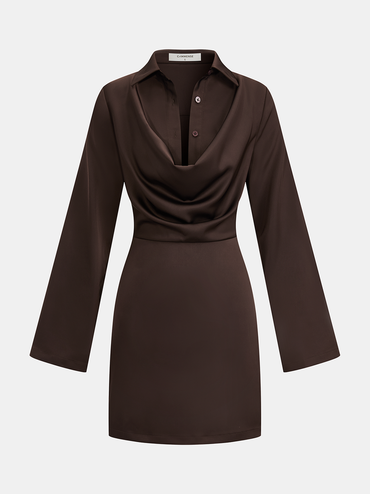 Valantomode | Elegant Satin Cowl-Neck Long Sleeve Mini Dress