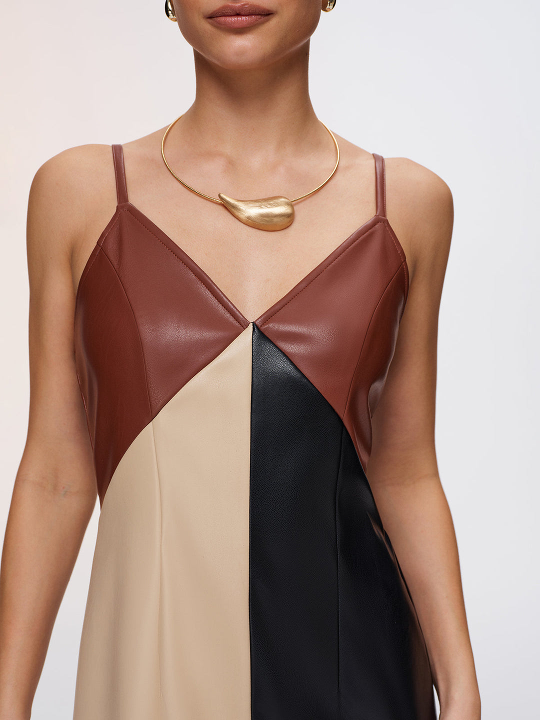Valantomode | Trendy Color-Block Faux Leather Cami Dress for Chic Style