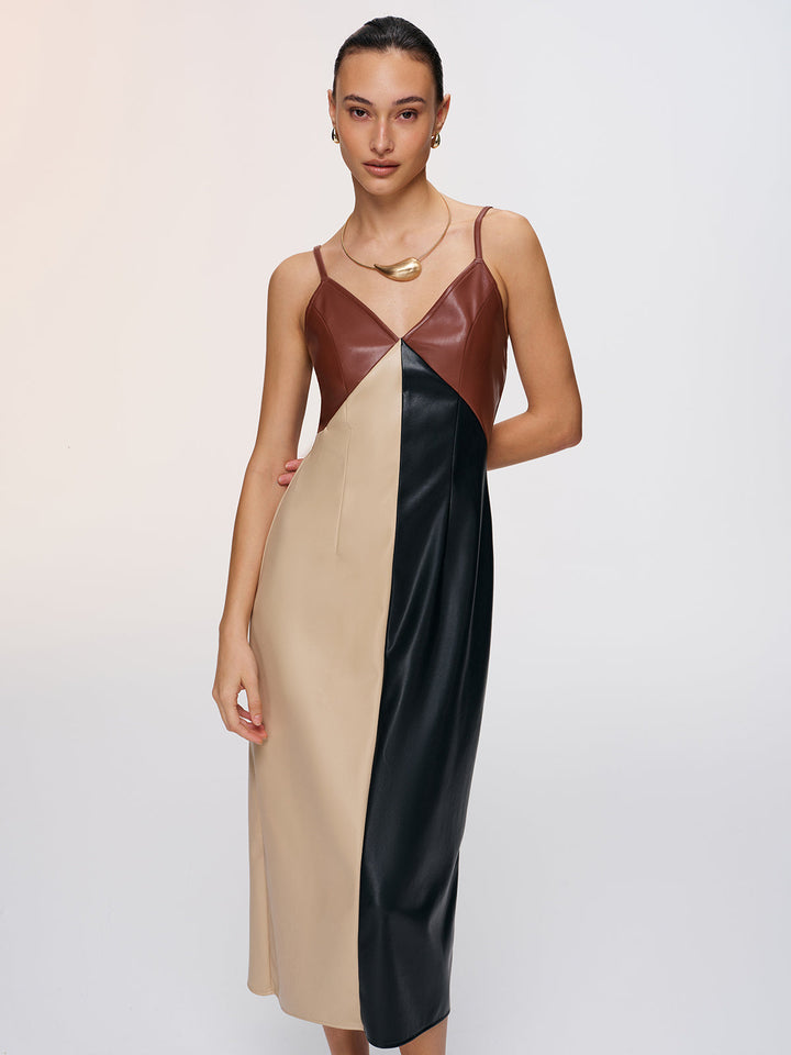 Valantomode | Trendy Color-Block Faux Leather Cami Dress for Chic Style