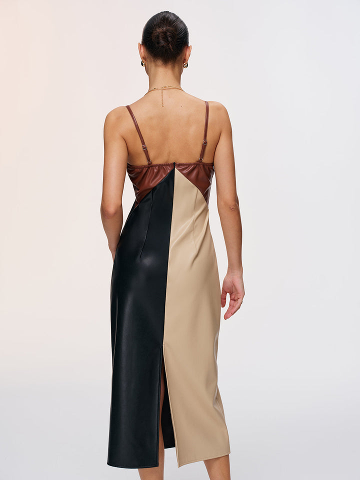 Valantomode | Trendy Color-Block Faux Leather Cami Dress for Chic Style