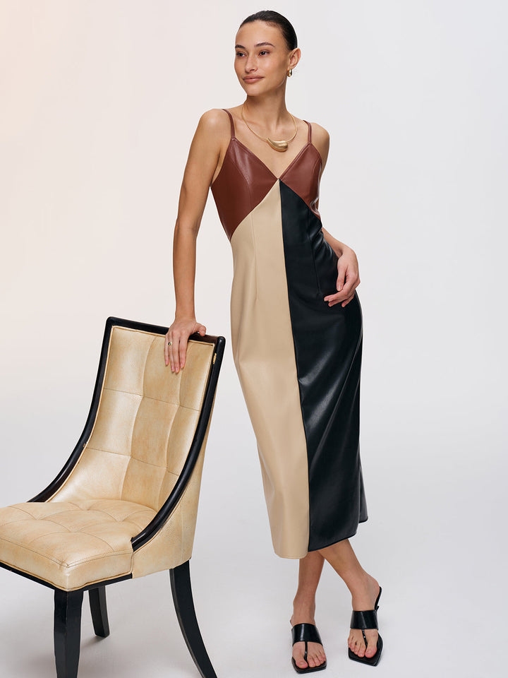 Valantomode | Trendy Color-Block Faux Leather Cami Dress for Chic Style