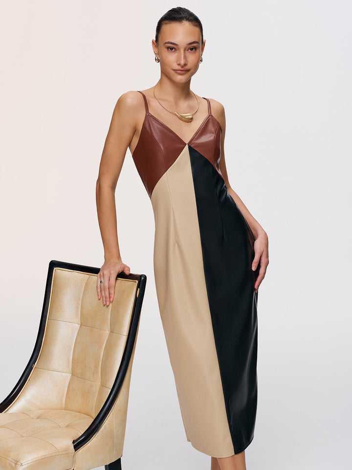 Valantomode | Trendy Color-Block Faux Leather Cami Dress for Chic Style