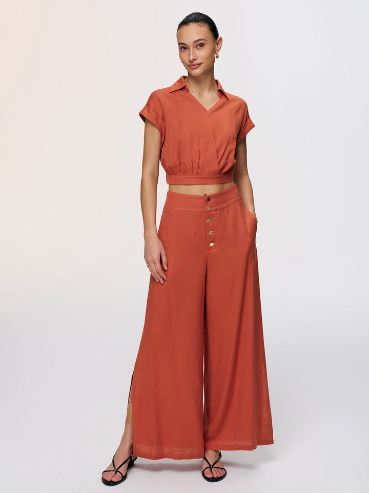 Valantomode | Stylish Linen-Blend Crop Top & Split Pants Ensemble