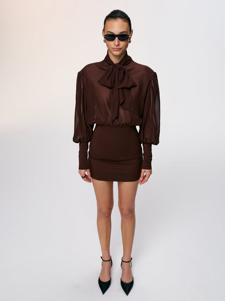 Valantomode | Sheer Chiffon Bow Neck Backless Mini Dress