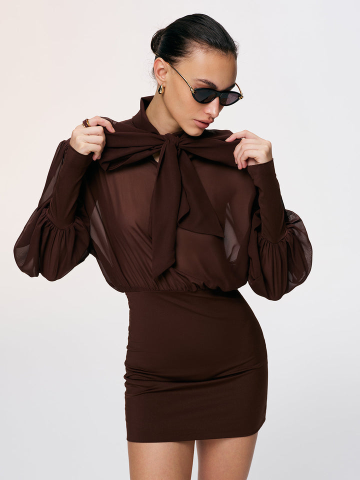 Valantomode | Sheer Chiffon Bow Neck Backless Mini Dress