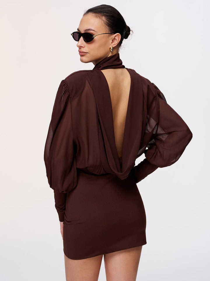 Valantomode | Sheer Chiffon Bow Neck Backless Mini Dress