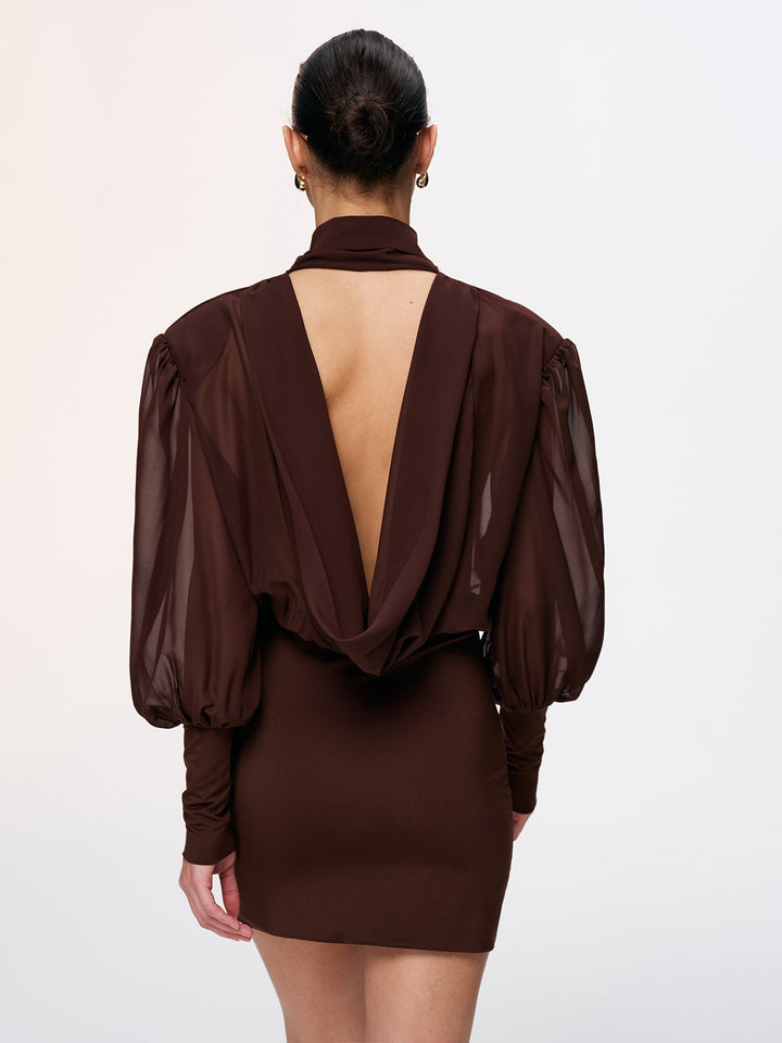 Valantomode | Sheer Chiffon Bow Neck Backless Mini Dress