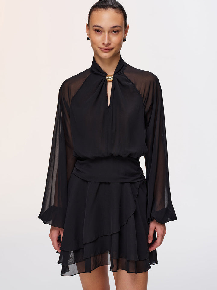Valantomode | Chic Metal-Accented Semi-Sheer Chiffon Mini Dress