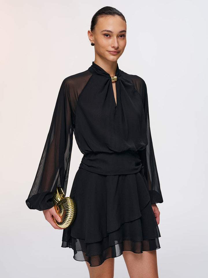 Valantomode | Chic Metal-Accented Semi-Sheer Chiffon Mini Dress