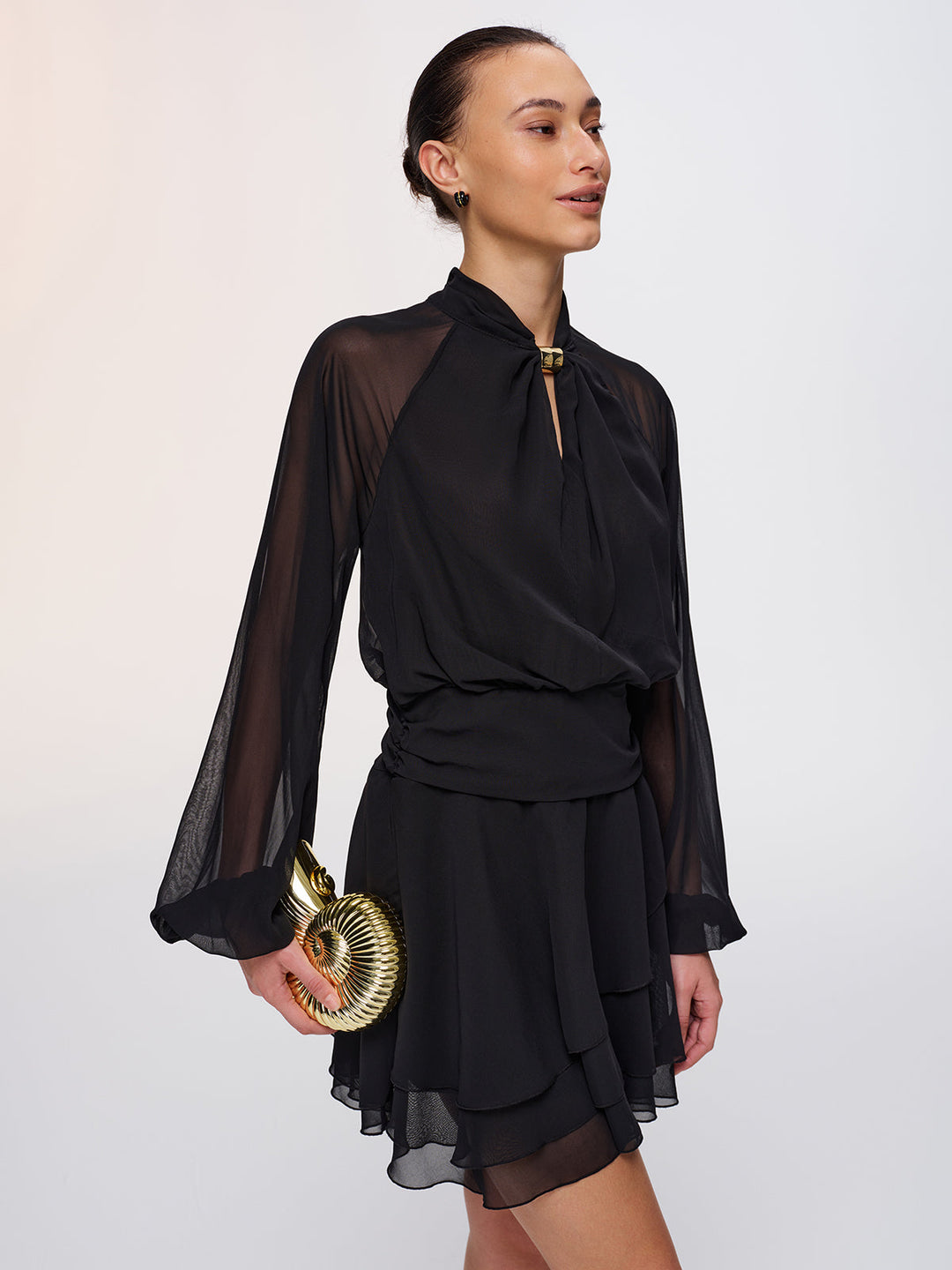 Valantomode | Chic Metal-Accented Semi-Sheer Chiffon Mini Dress