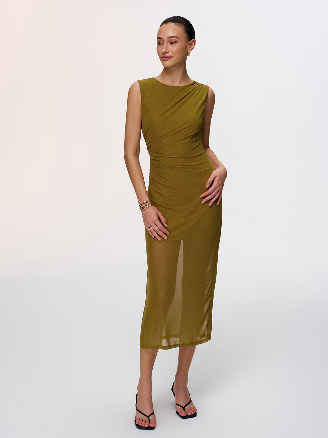 Valantomode | Elegant Semi-Sheer Ruched Sleeveless Midi Dress