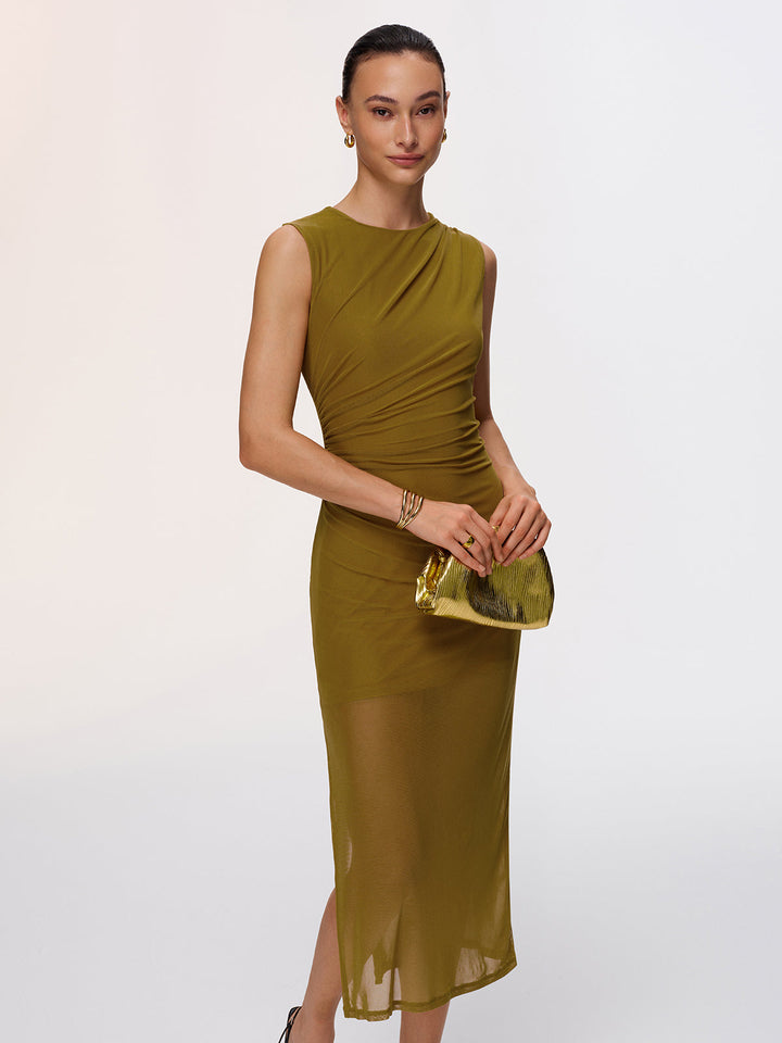 Valantomode | Elegant Semi-Sheer Ruched Sleeveless Midi Dress