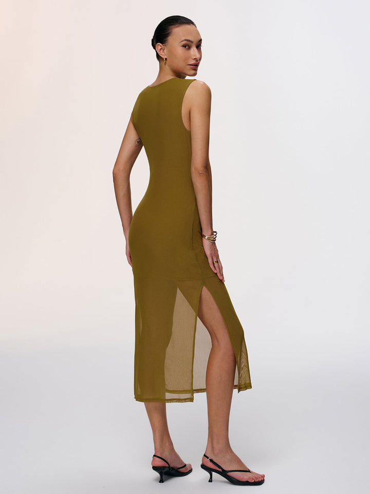 Valantomode | Elegant Semi-Sheer Ruched Sleeveless Midi Dress