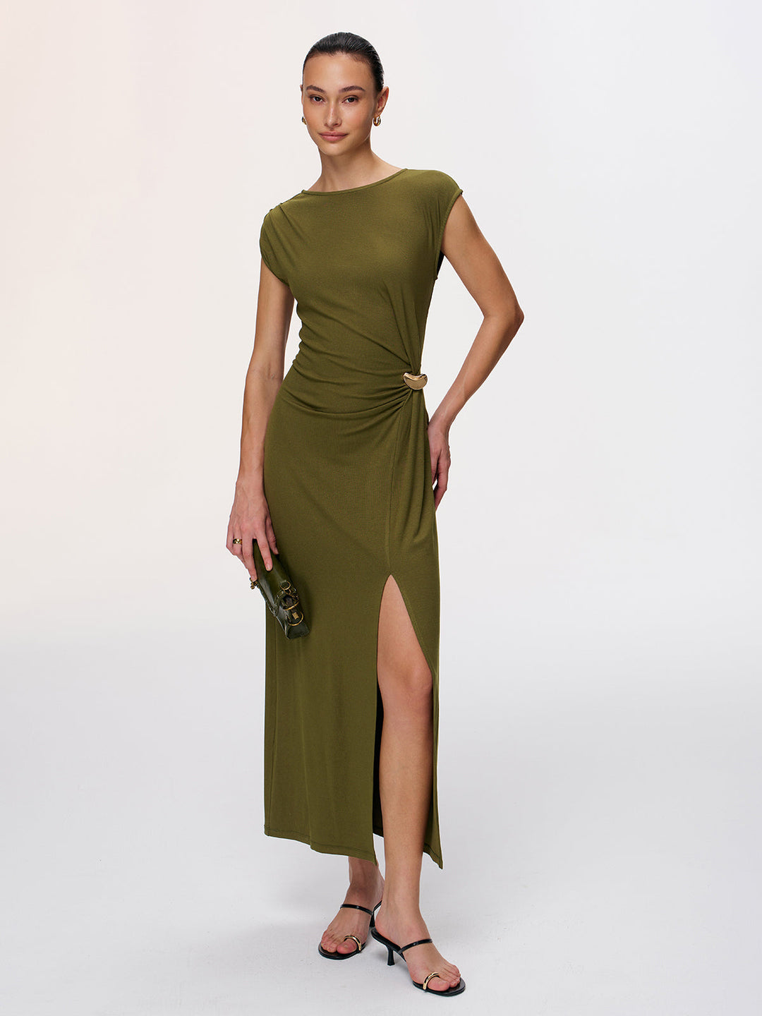 Valantomode | Chic High-Slit Cap-Sleeve Dress with Metal Accents